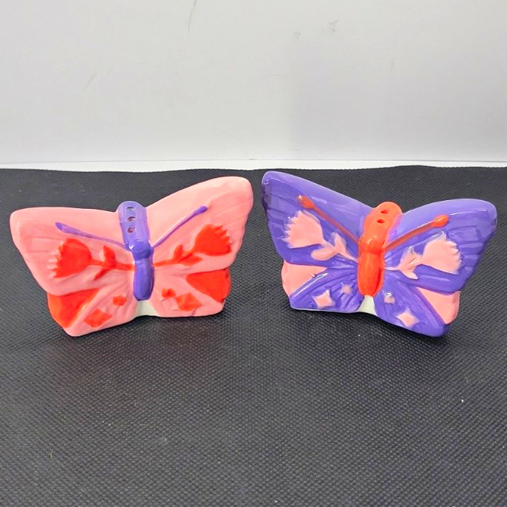 New Pink Purple Butterfly Salt & Pepper Shakers Ceramic 3" Set of 2